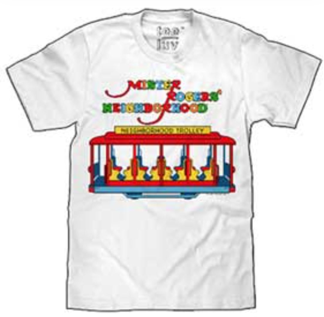 White crewneck T-shirt with colorful trolley graphic and playful lettering