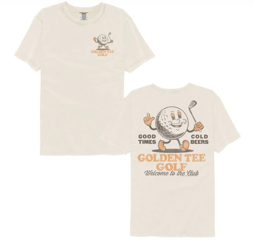 Ivory t-shirt set: front and back with cartoon golf ball graphic and text