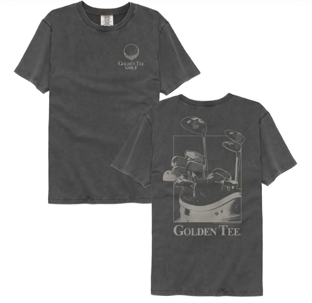 Two dark gray crewneck T-shirts with Golden Tee Golf logos and graphics