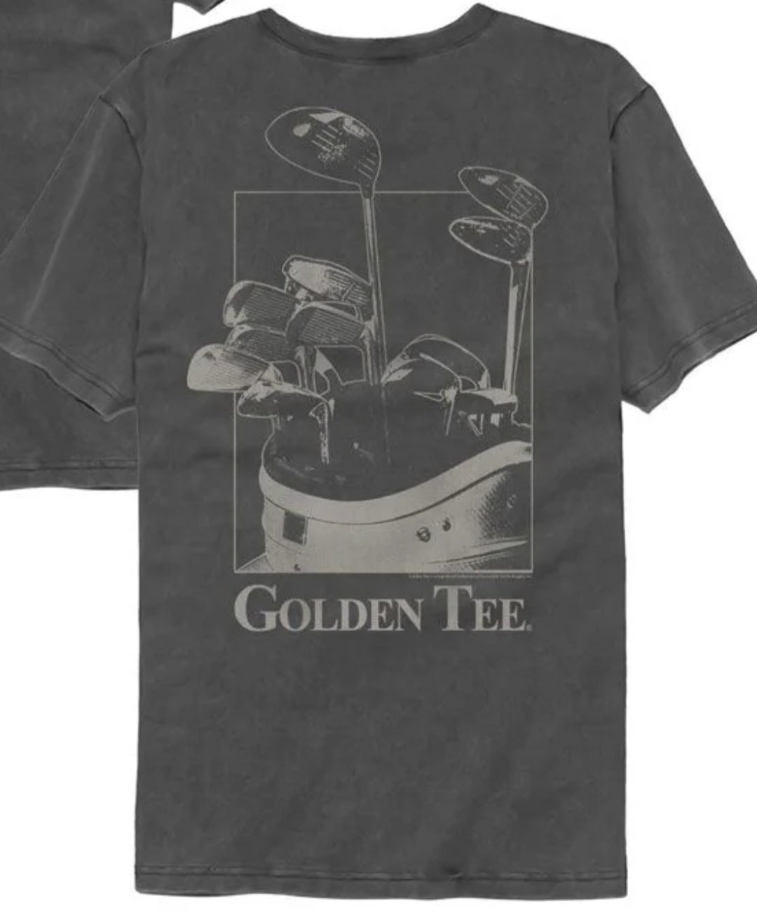 Dark gray crewneck T-shirt with large Golden Tee golf club graphic