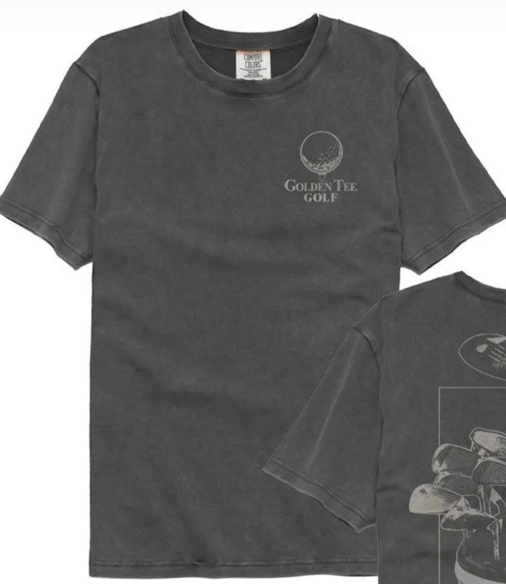 Dark gray crewneck T-shirt with small Golden Tee Golf logo