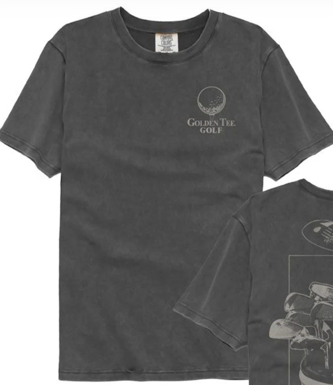 Dark gray crewneck T-shirt with small Golden Tee Golf logo