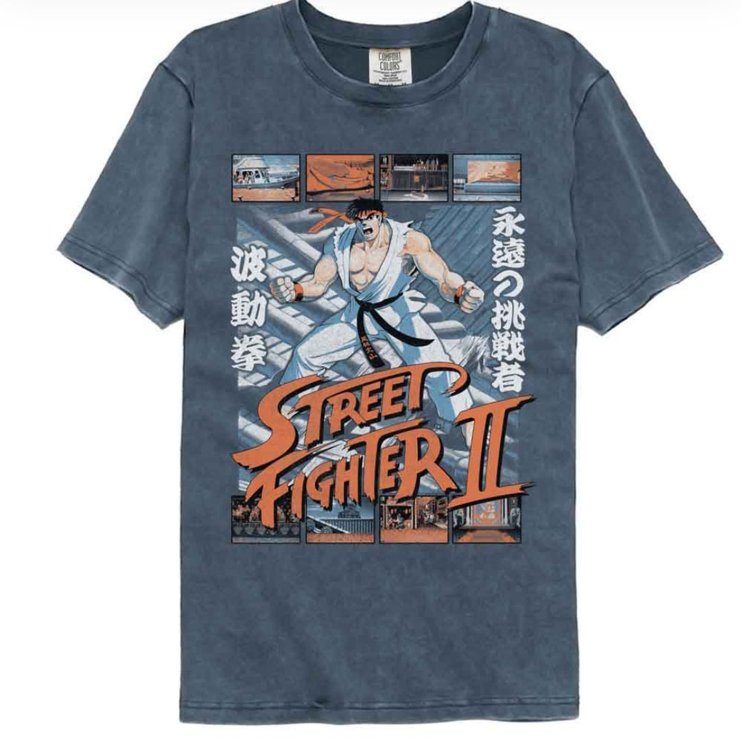 Dark blue denim-look T-shirt with Street Fighter graphic, crew neck, short sleeves