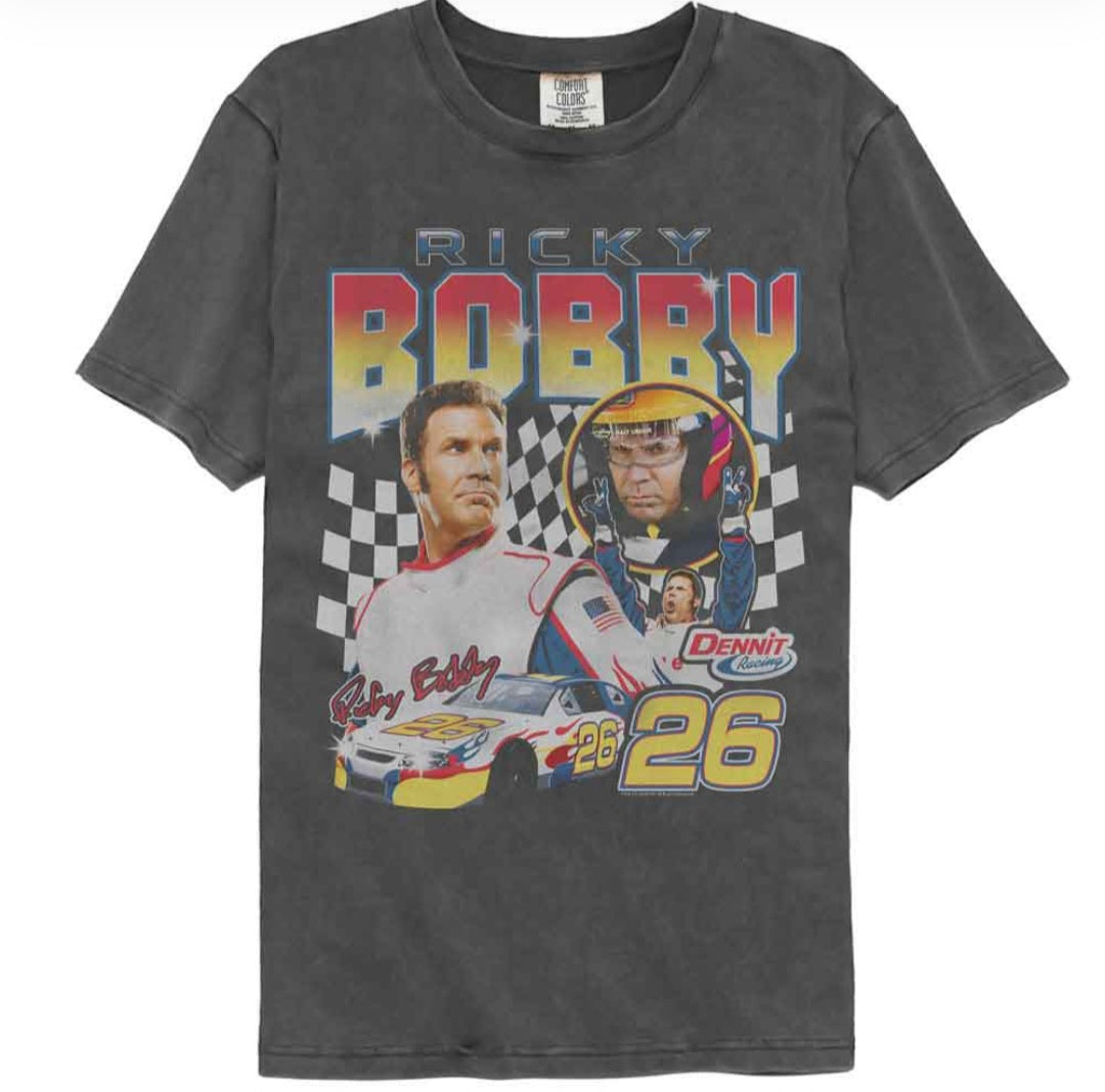 Dark gray crew-neck T-shirt with large race car driver graphic print