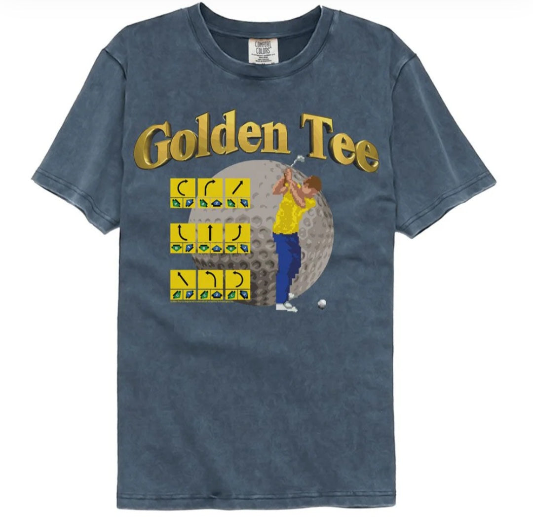 Blue denim t-shirt with Golden Tee arcade controls graphic