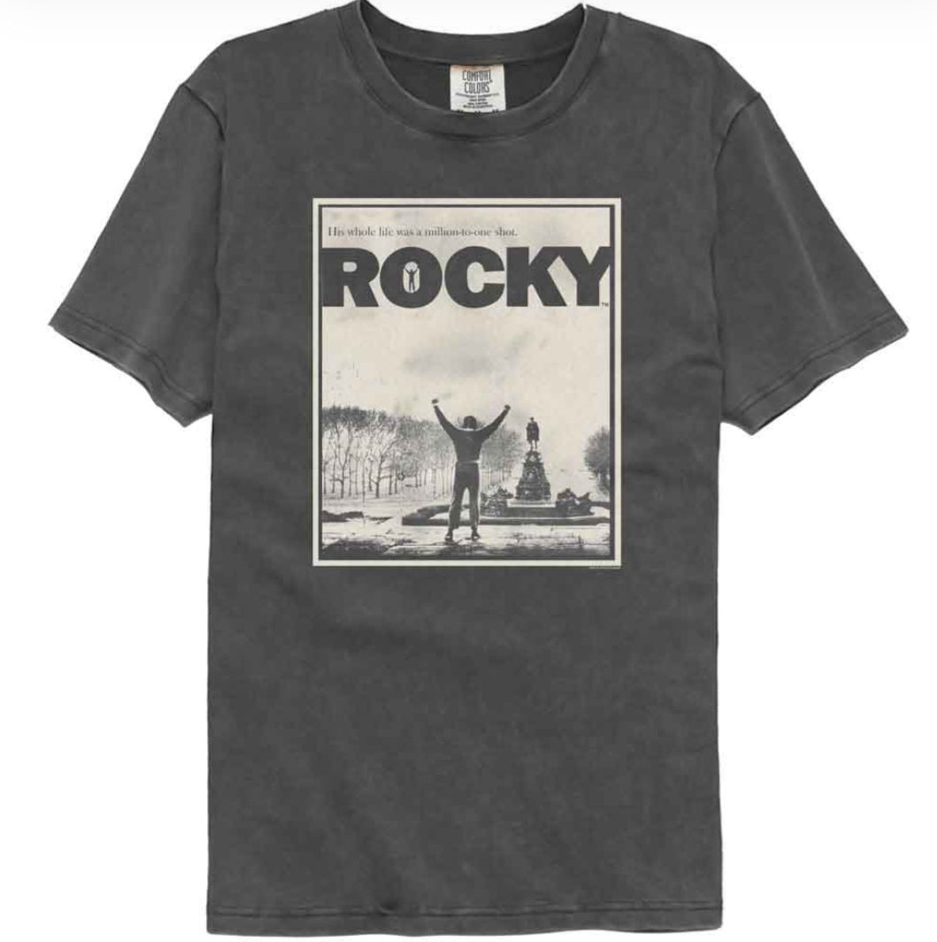 Dark gray crew-neck T-shirt with front Rocky graphic print
