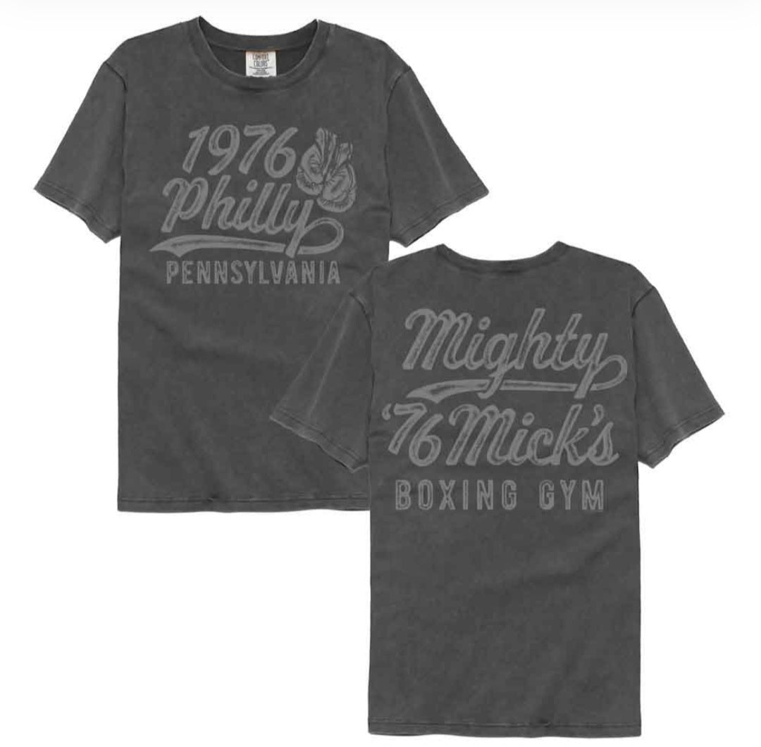 Dark gray crewneck short-sleeve graphic t-shirt, 1976 Philly and Mighty Micks print