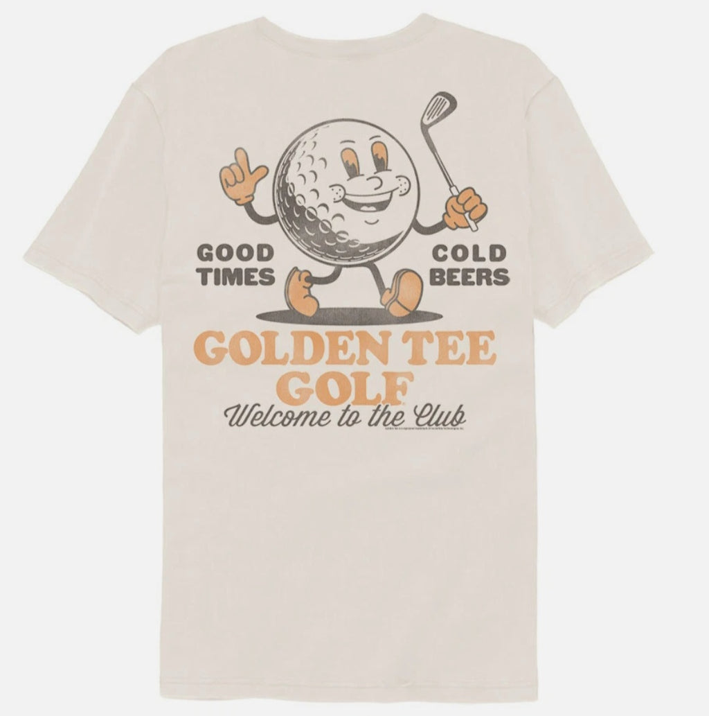 Ivory back t-shirt with cartoon globe, 'Good Times' and 'Cold Beers' print