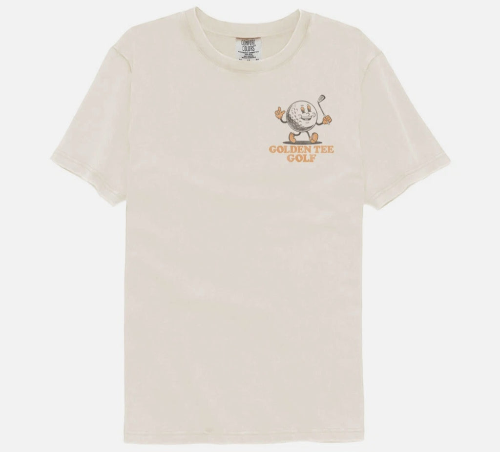Ivory t-shirt with small chest cartoon golf ball and 'Good Times' text