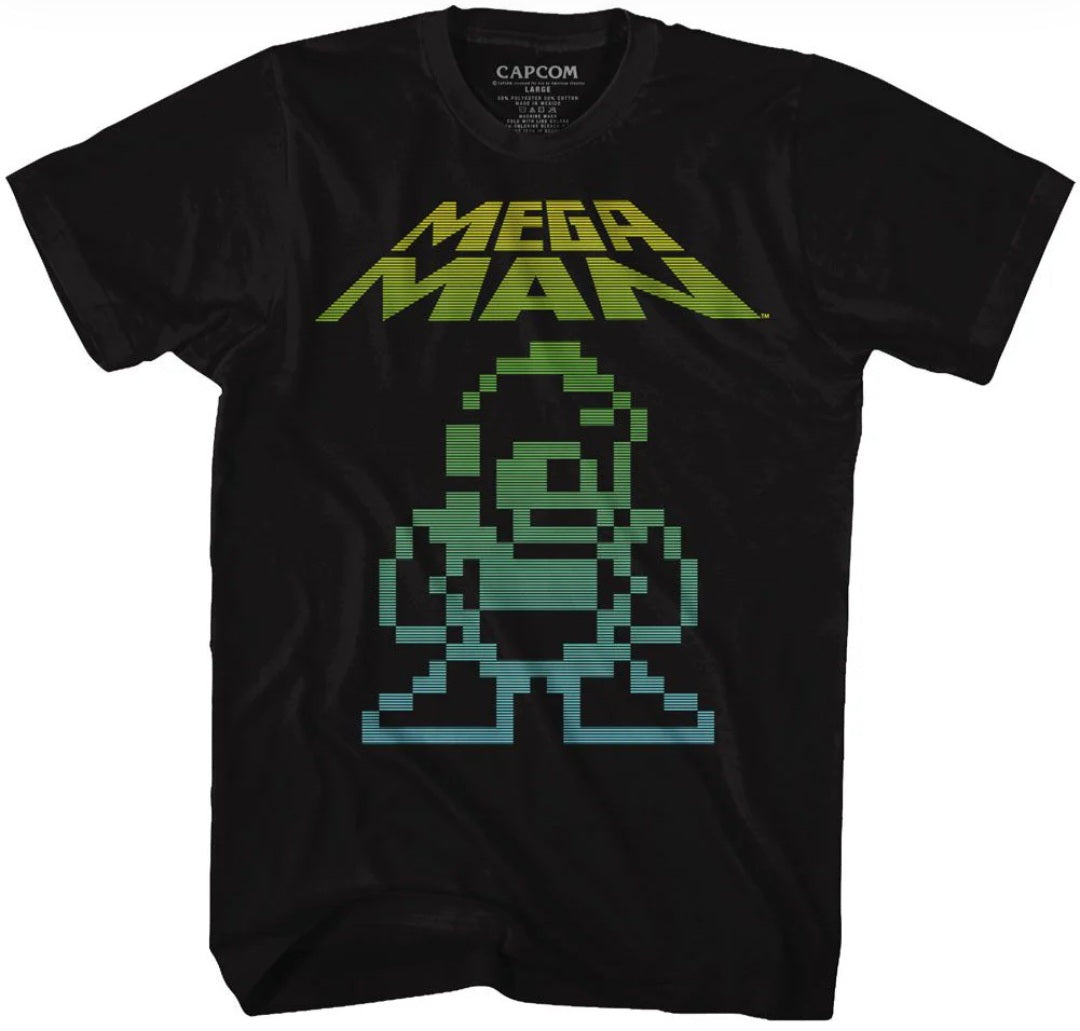 Black t-shirt with green pixel Mega Man character graphic on front