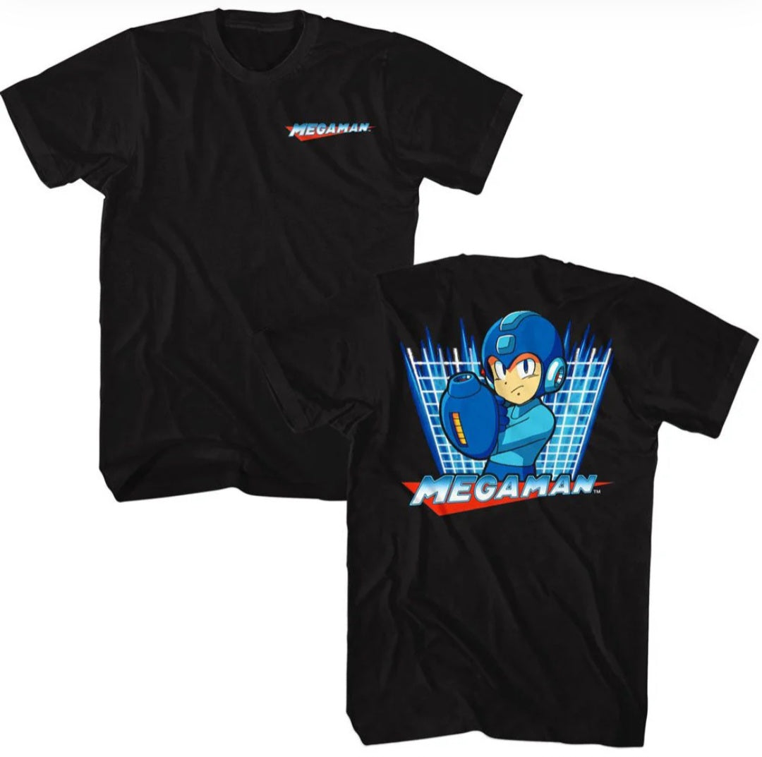 Black Mega Man retro T-shirt with front logo and back character graphic
