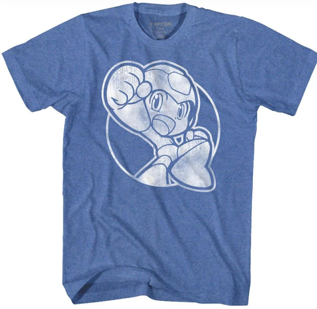 Blue heather t-shirt with Mega Man face graphic at center