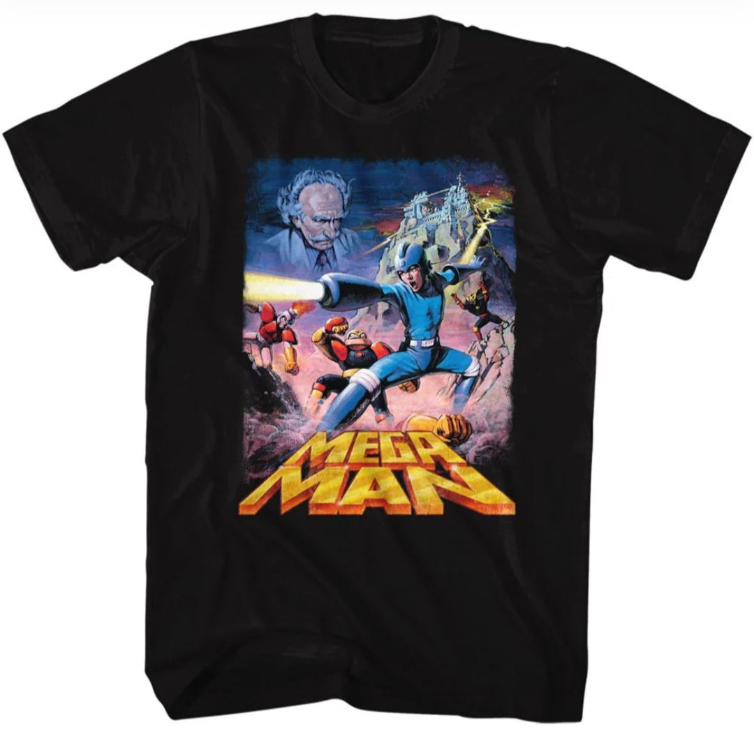 Black Mega Man retro artwork T-shirt with colorful game character graphic on front