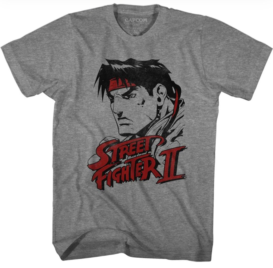 Gray heather T-shirt with Street Fighter II character graphic at center