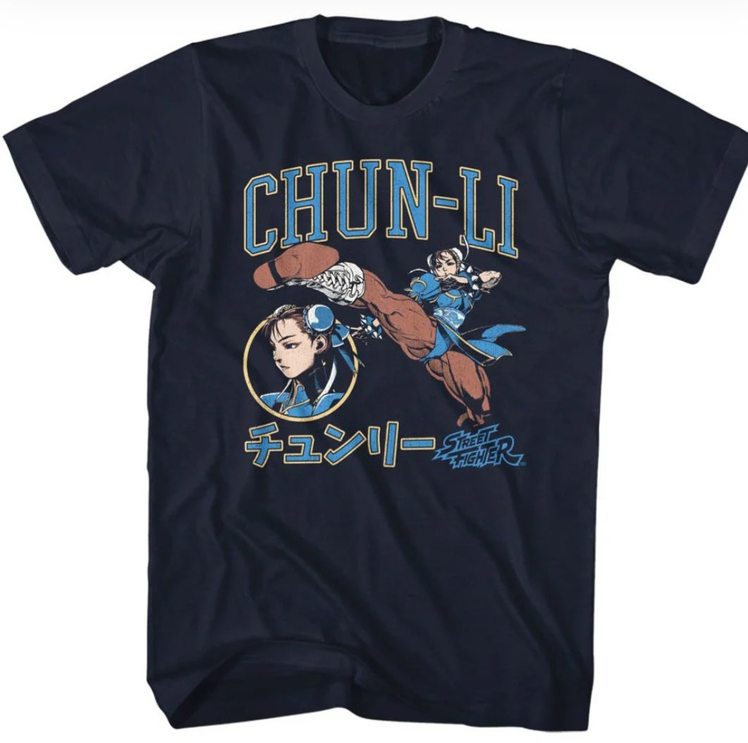 Navy blue crew-neck T-shirt with Chun-Li varsity front graphic