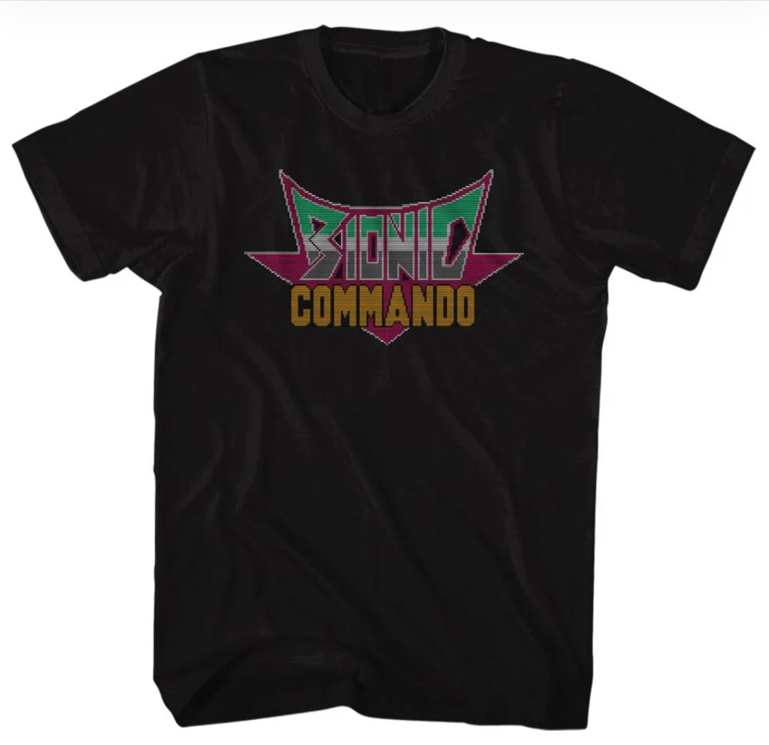 Black crewneck T-shirt with multicolor Bionic Commando graphic logo