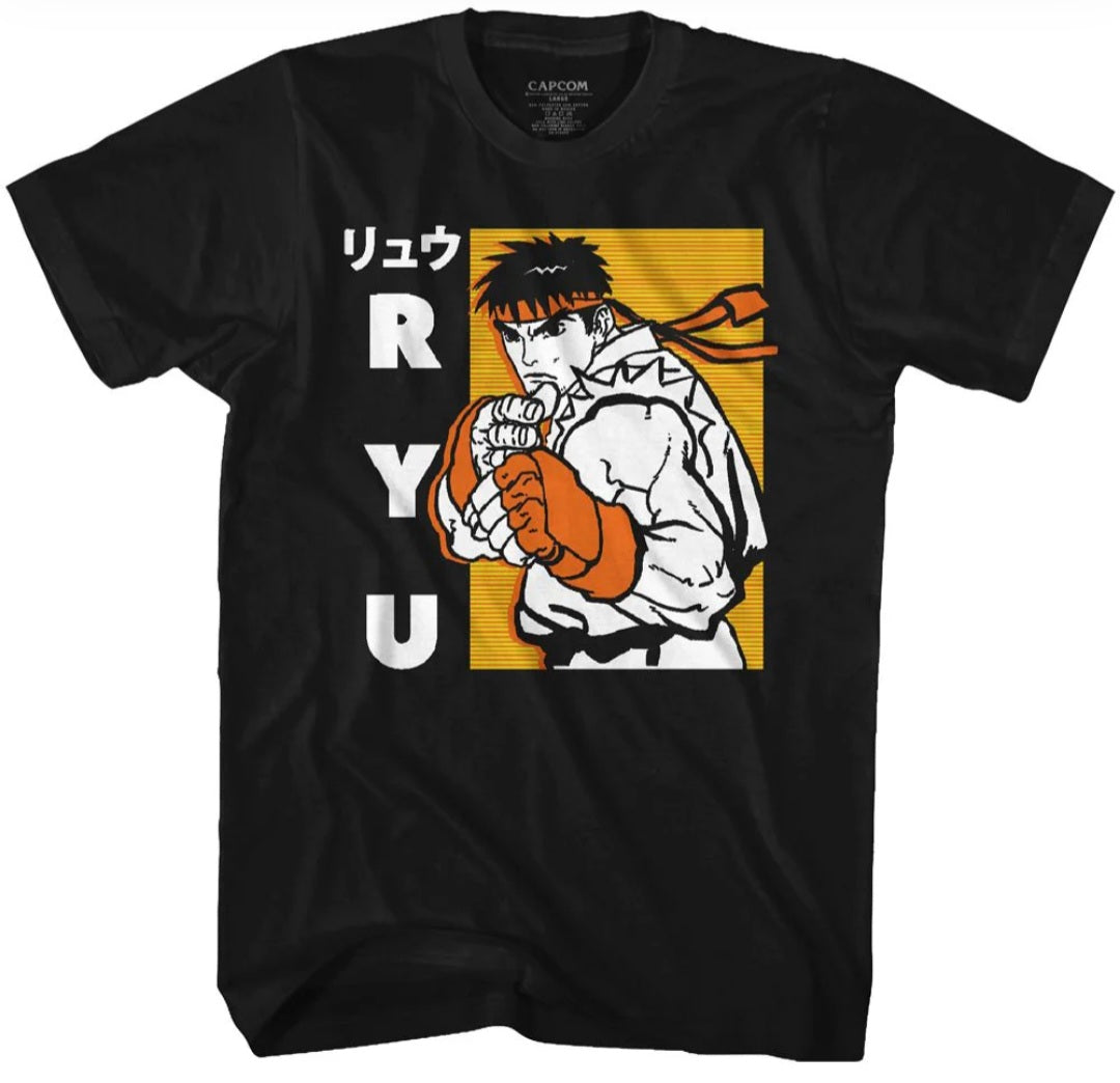 Black T-shirt with Ryu graphic front print and Japanese text panel