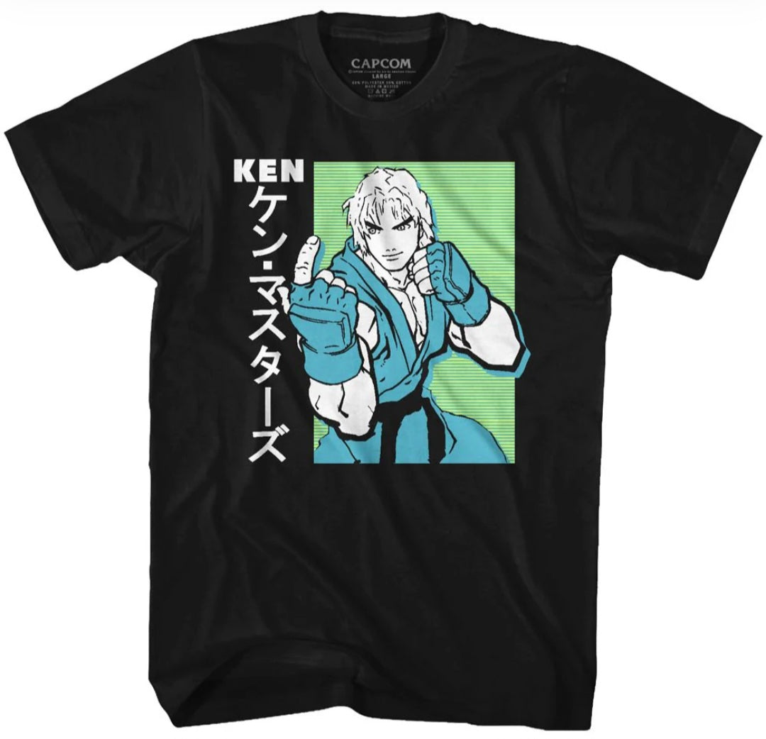 Black T-shirt with graphic of Ken character in teal jacket and white outline