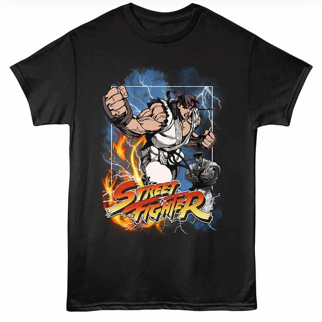 Black crew-neck T-shirt with Street Fighter Ryu graphic front print