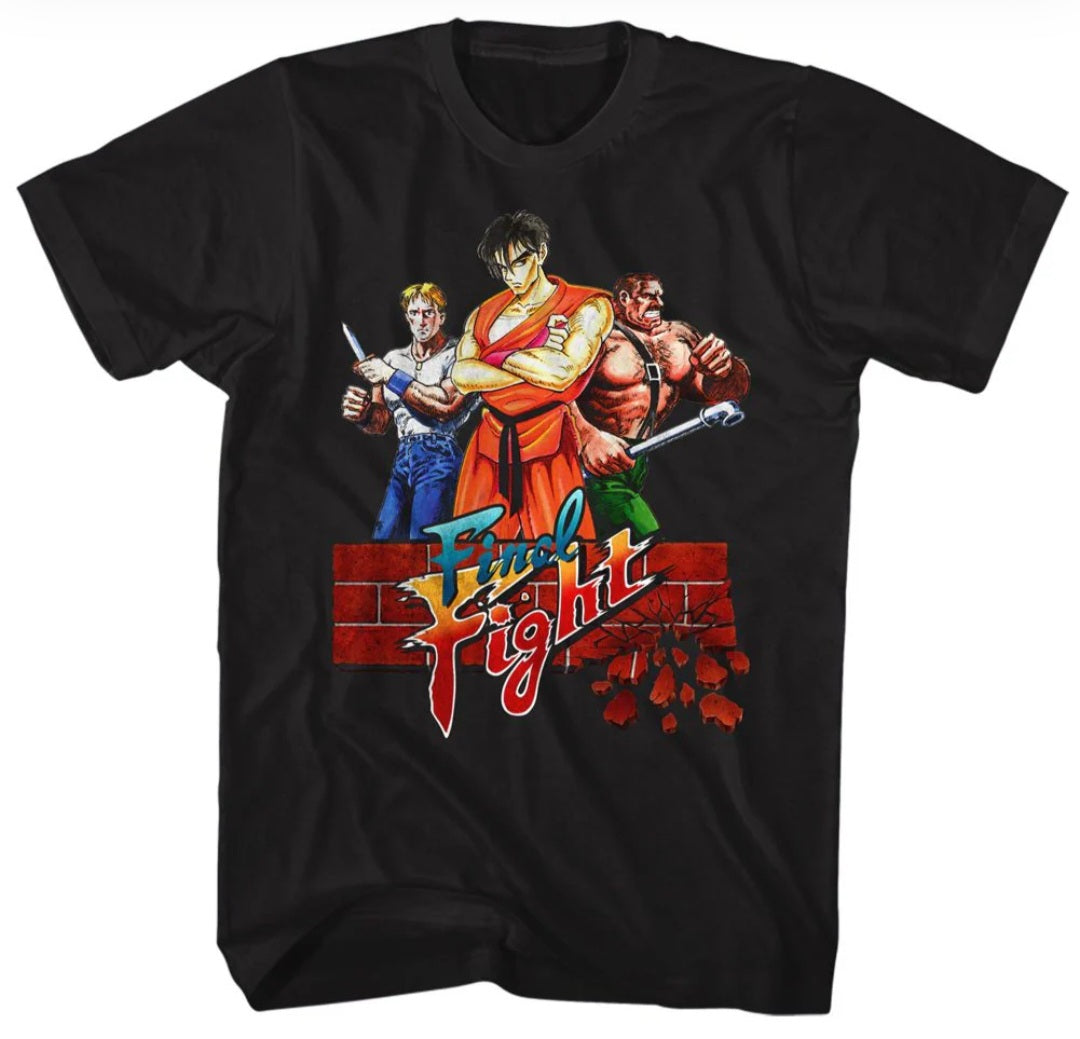 Black T-shirt with colorful Final Fight character graphic and red logo print