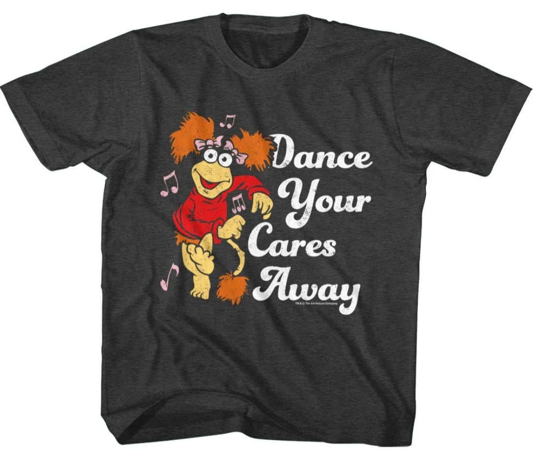 Black toddler T-shirt with colorful character graphic and text 'Dance Your Cares Away'