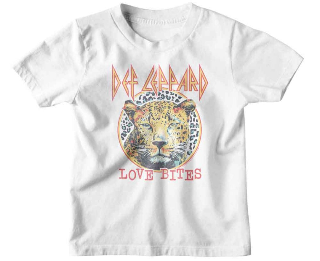 Toddler white T-shirt with Def Leppard Love Bites leopard cat graphic