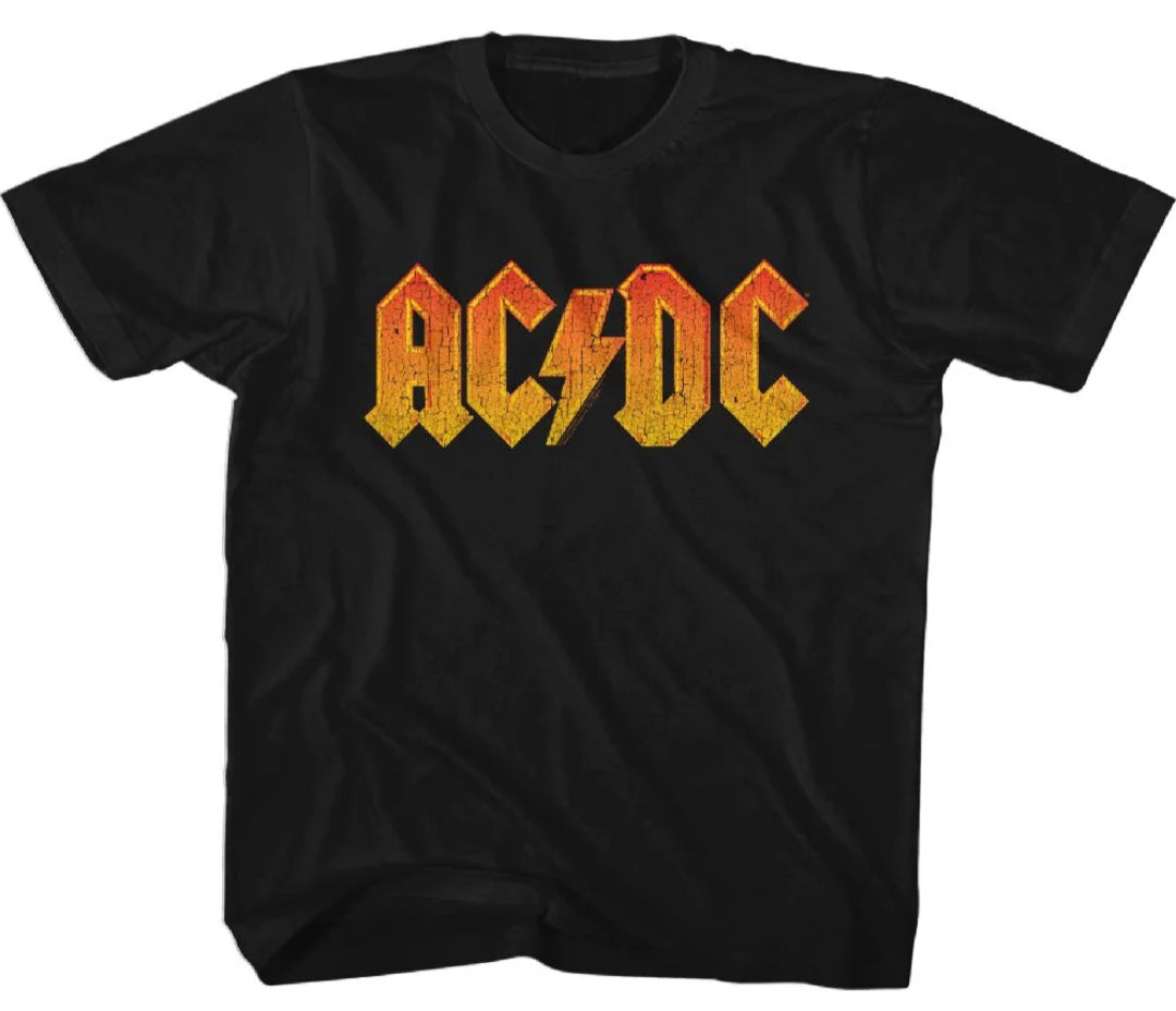 Toddler black graphic T-shirt with orange AC/DC logo on front