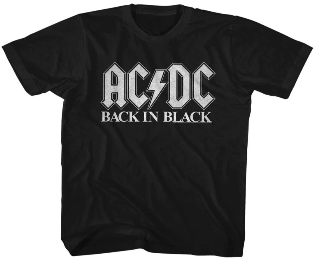 Black toddler T-shirt with AC/DC Back in Black logo on front