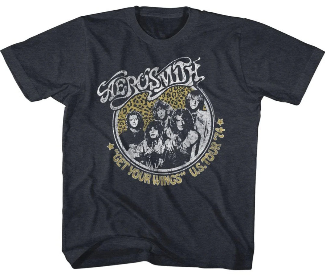 Navy short-sleeve T-shirt with circular band photo graphic and gold text