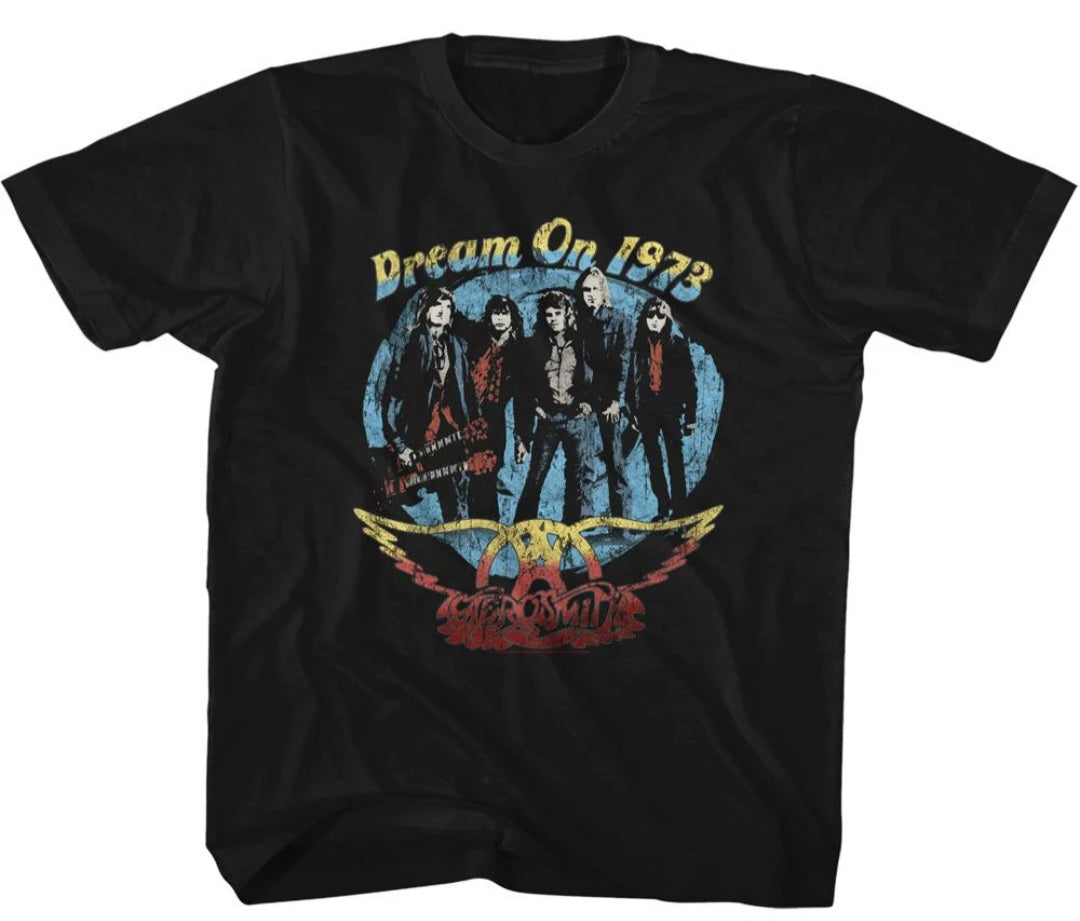 Toddler black T-shirt with front band graphic and Dream On 1973 text