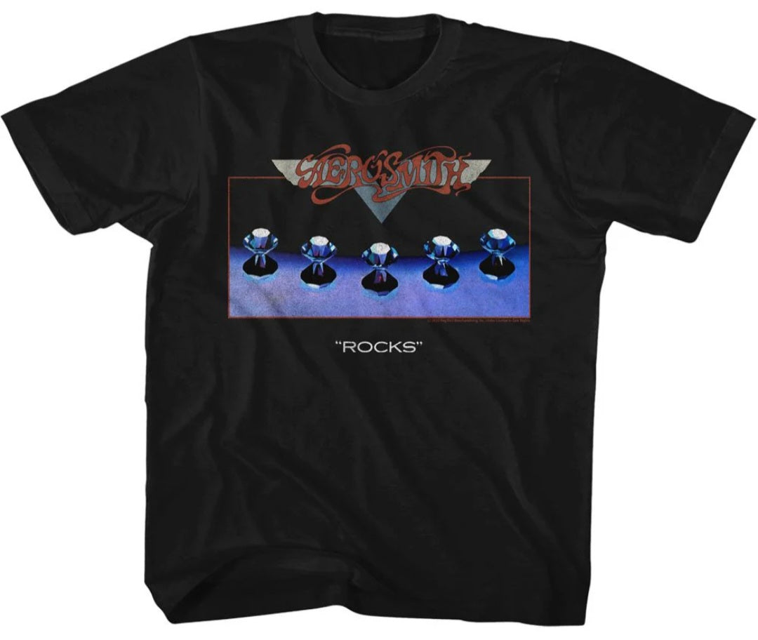 Toddler black T-shirt with Aerosmith “ROCKS” front graphic, short sleeves
