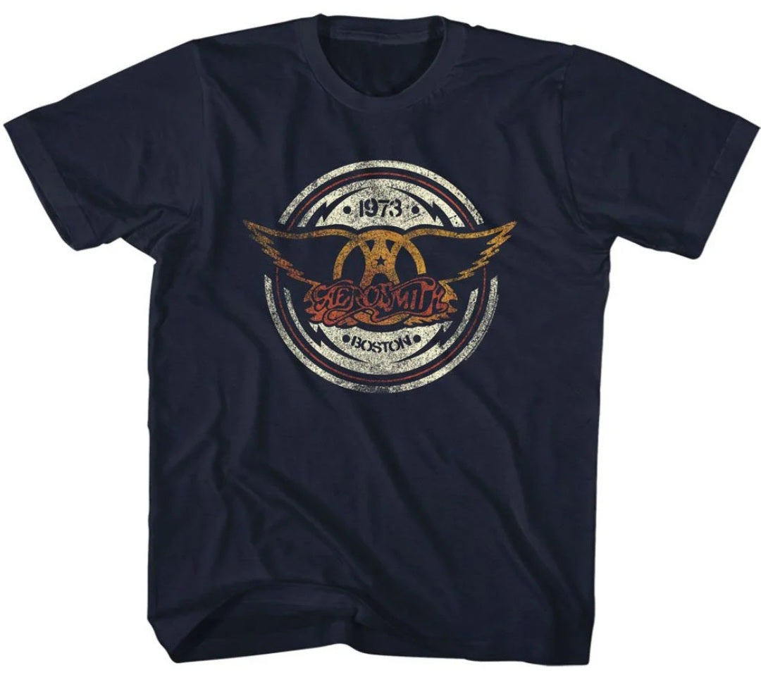 Toddler navy t-shirt with Aerosmith 1973 Boston graphic logo on front