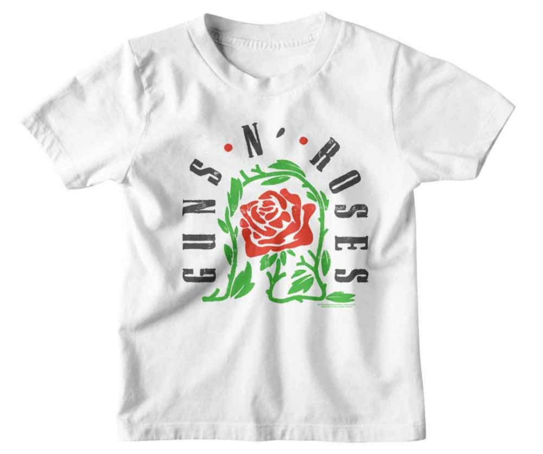 Toddler white T-shirt with Guns N' Roses rose graphic and black circular lettering