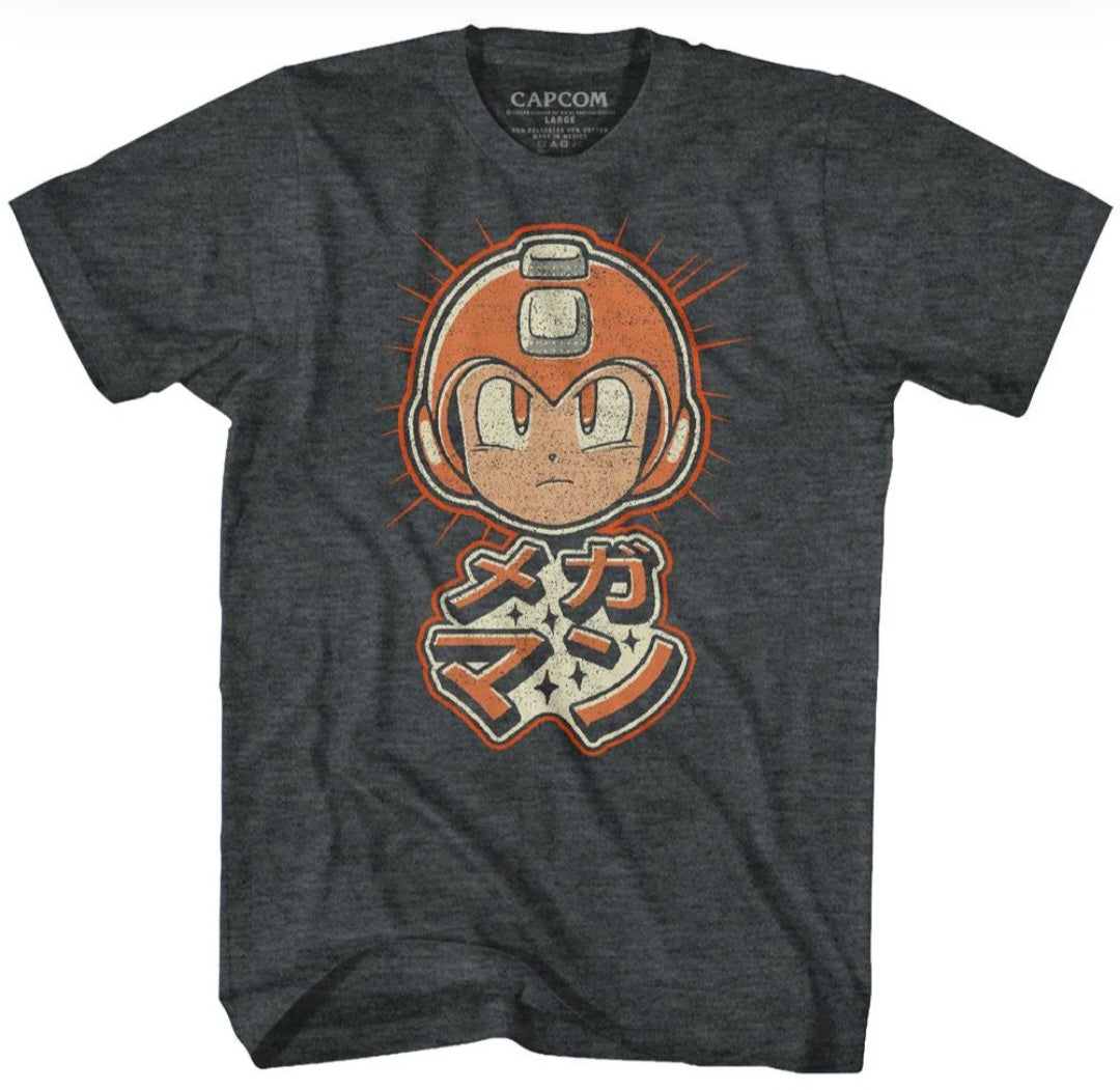 Black heather T-shirt with Mega Man character graphic on front