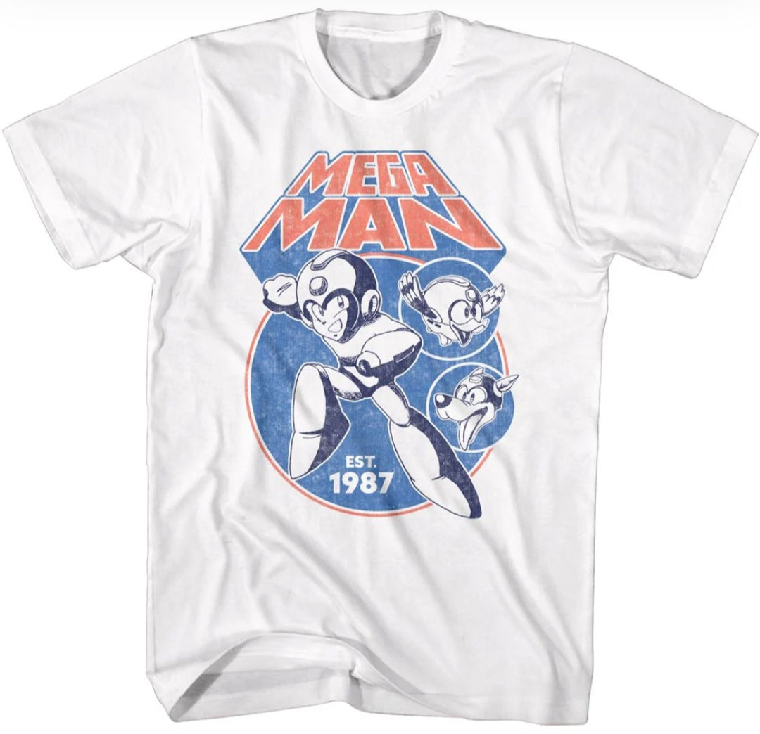 White Mega Man T-shirt with blue and orange character graphic, crew neck short sleeves