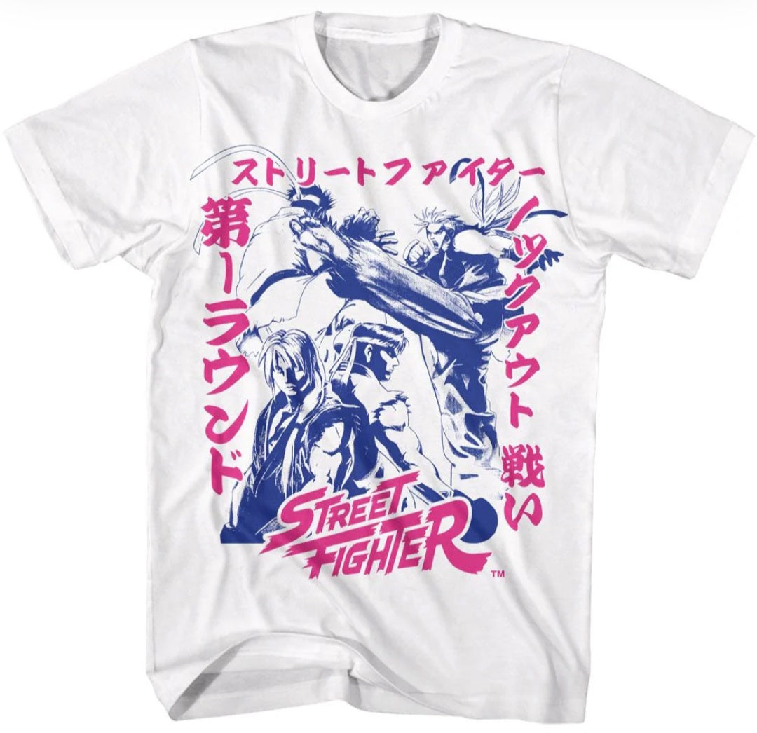 White graphic T-shirt with blue and red Japanese Street Fighter-style print