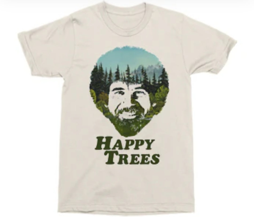 Tan T-shirt with circular Bob Ross portrait, tree landscape, and "Happy Trees" text