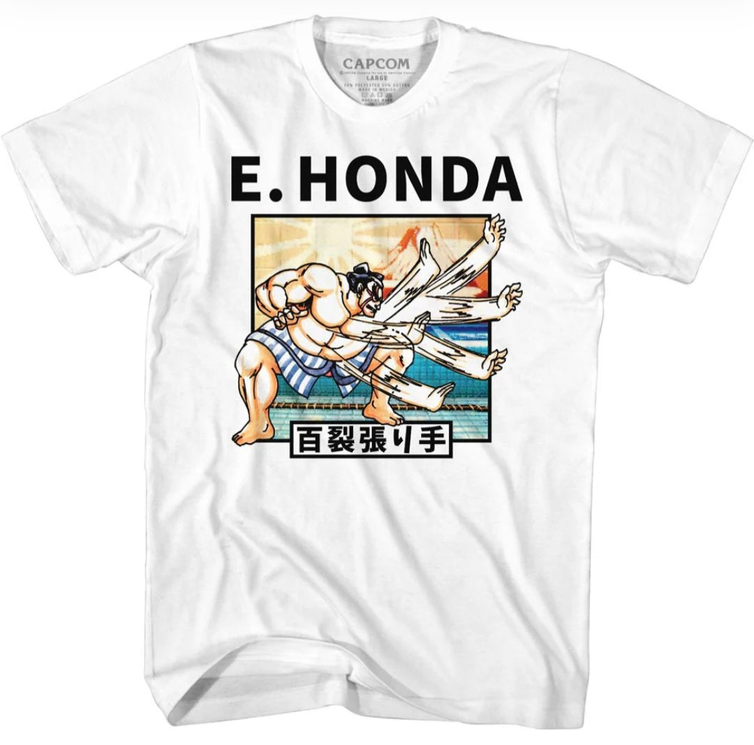 White E. Honda T-shirt with large front logo and character graphic, CAPCOM neck tag