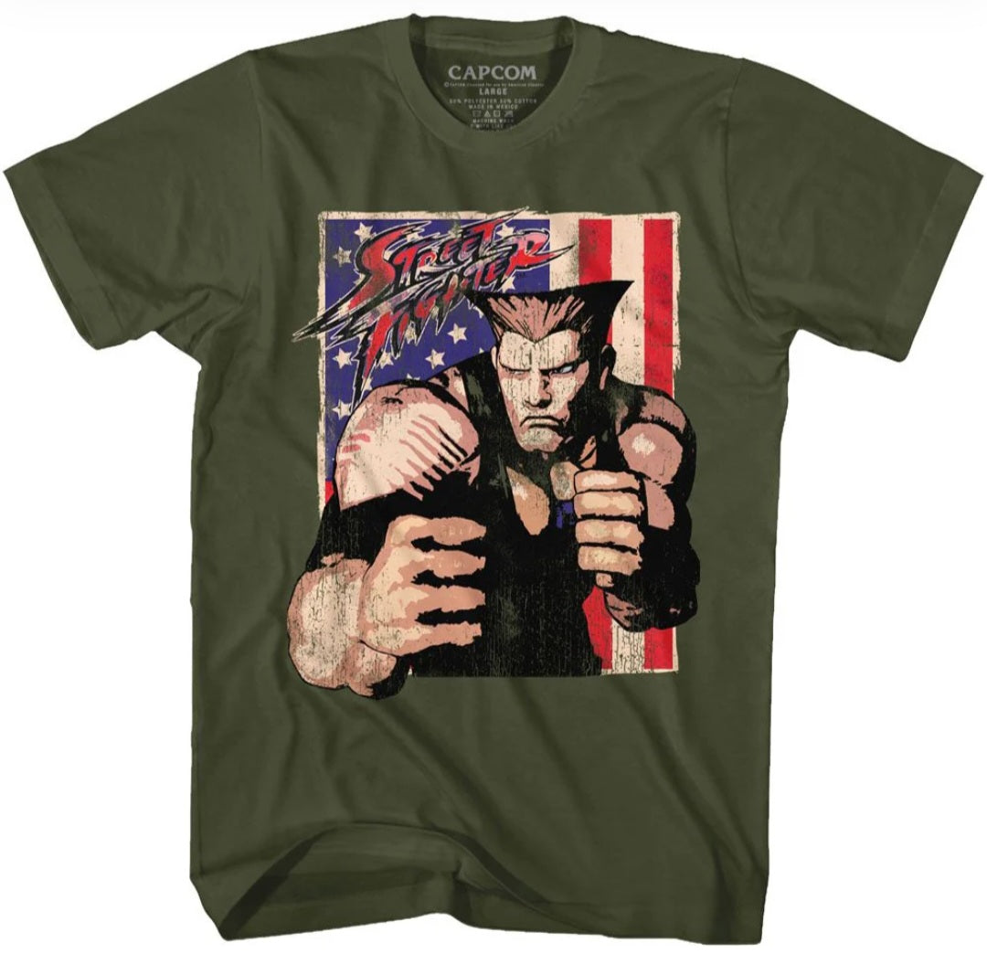 Military green T-shirt with Street Fighter character graphic, CAPCOM neck label