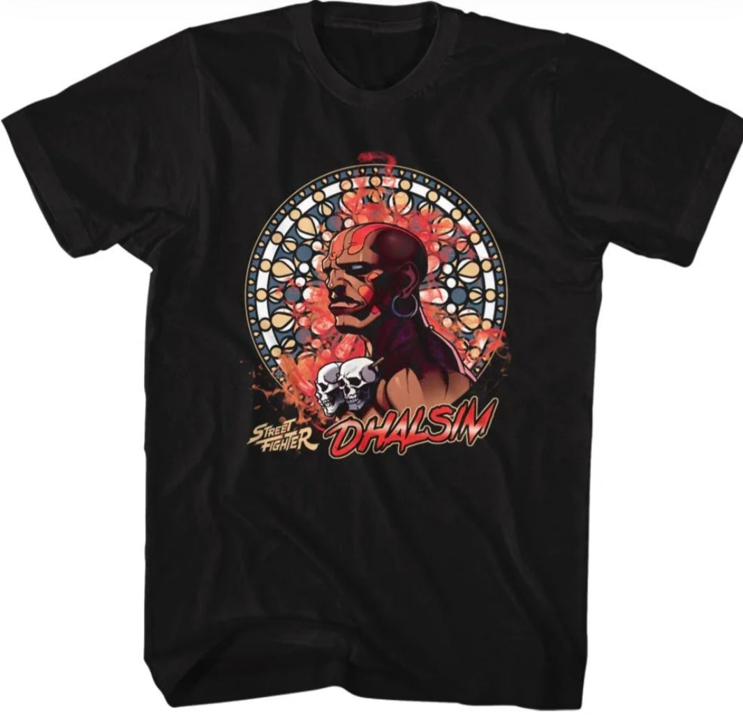 Black T-shirt with large Dhalsim character graphic on chest