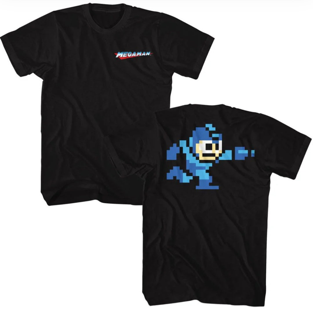 Black Mega Man T-shirt set, front logo and large pixel character graphic back