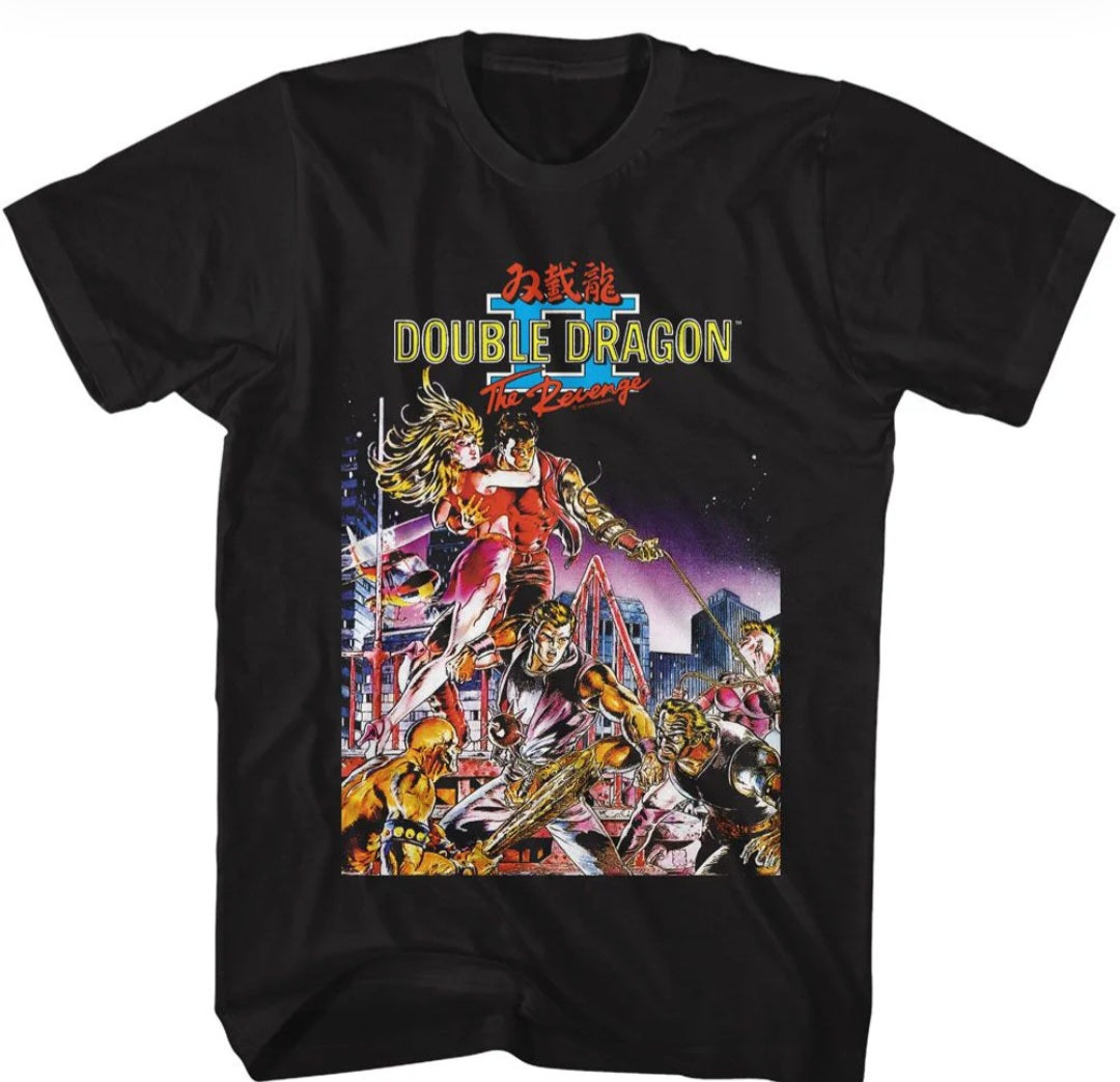 Black crew-neck T-shirt with Double Dragon II front graphic print