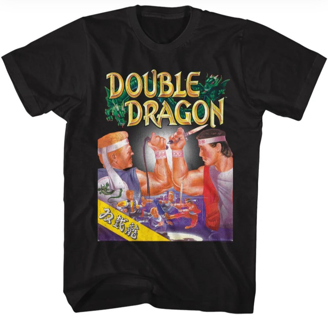 Black crewneck T-shirt with colorful Double Dragon front graphic