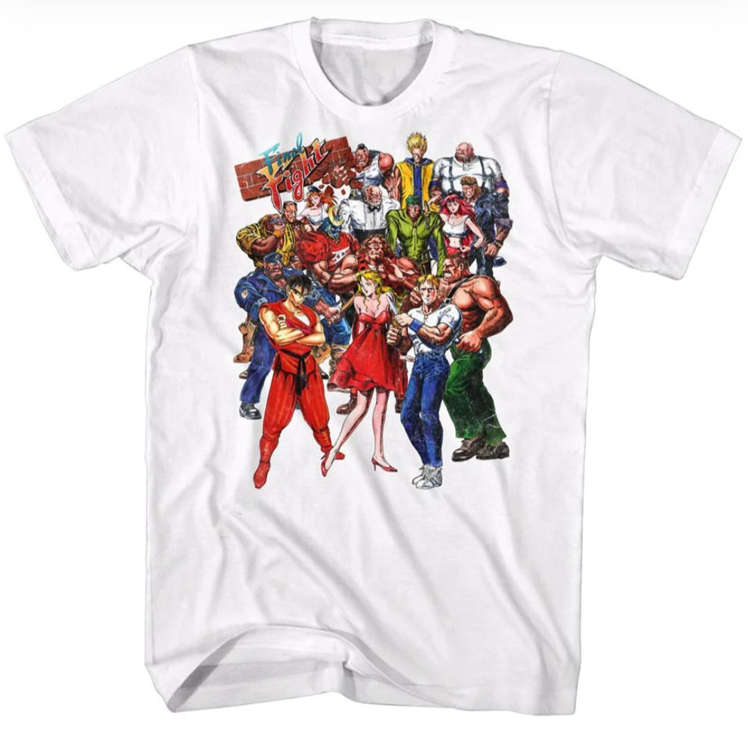 White crewneck t-shirt with colorful fighting game group graphic on front