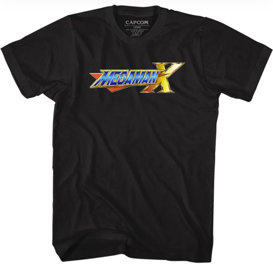 Black Mega Man X graphic T-shirt with colorful logo on chest