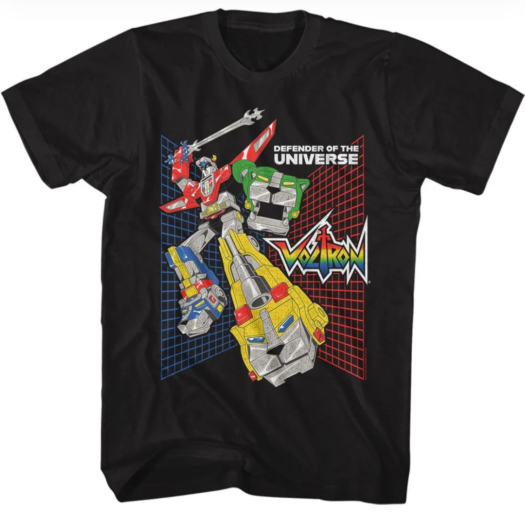 Black crew-neck short-sleeve T-shirt with colorful Voltron graphic on front