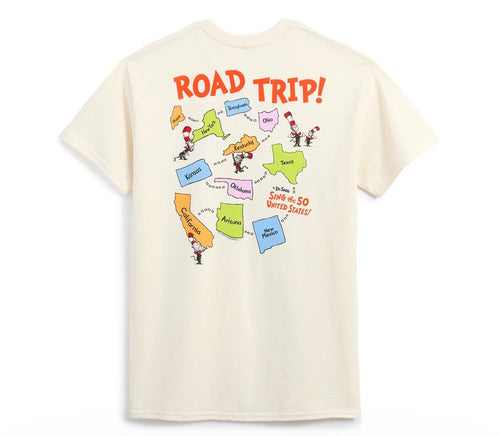 Dr Seuss ivory T-shirt with colorful Road Trip map graphic on back