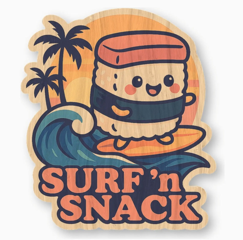 Bamboo sticker featuring a smiling surfing snack character with palm trees and “SURF ’n SNACK”