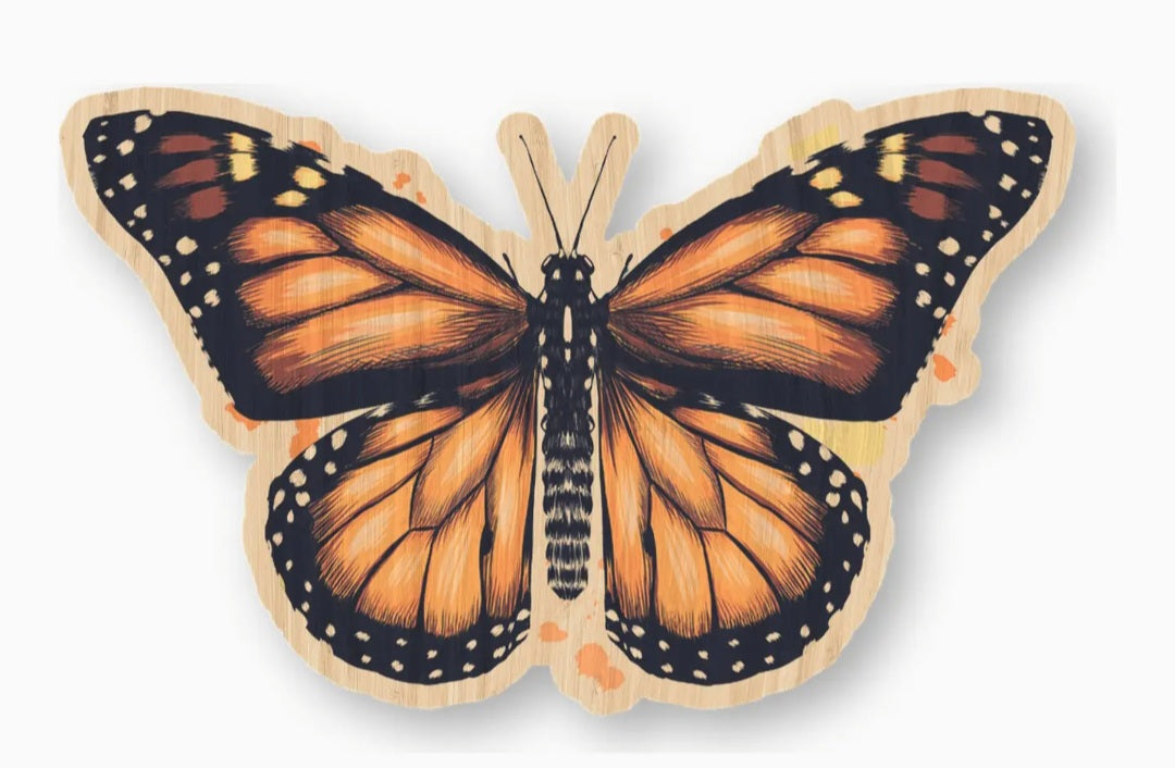 Monarch butterfly bamboo sticker, full-color wings with cutout bamboo border