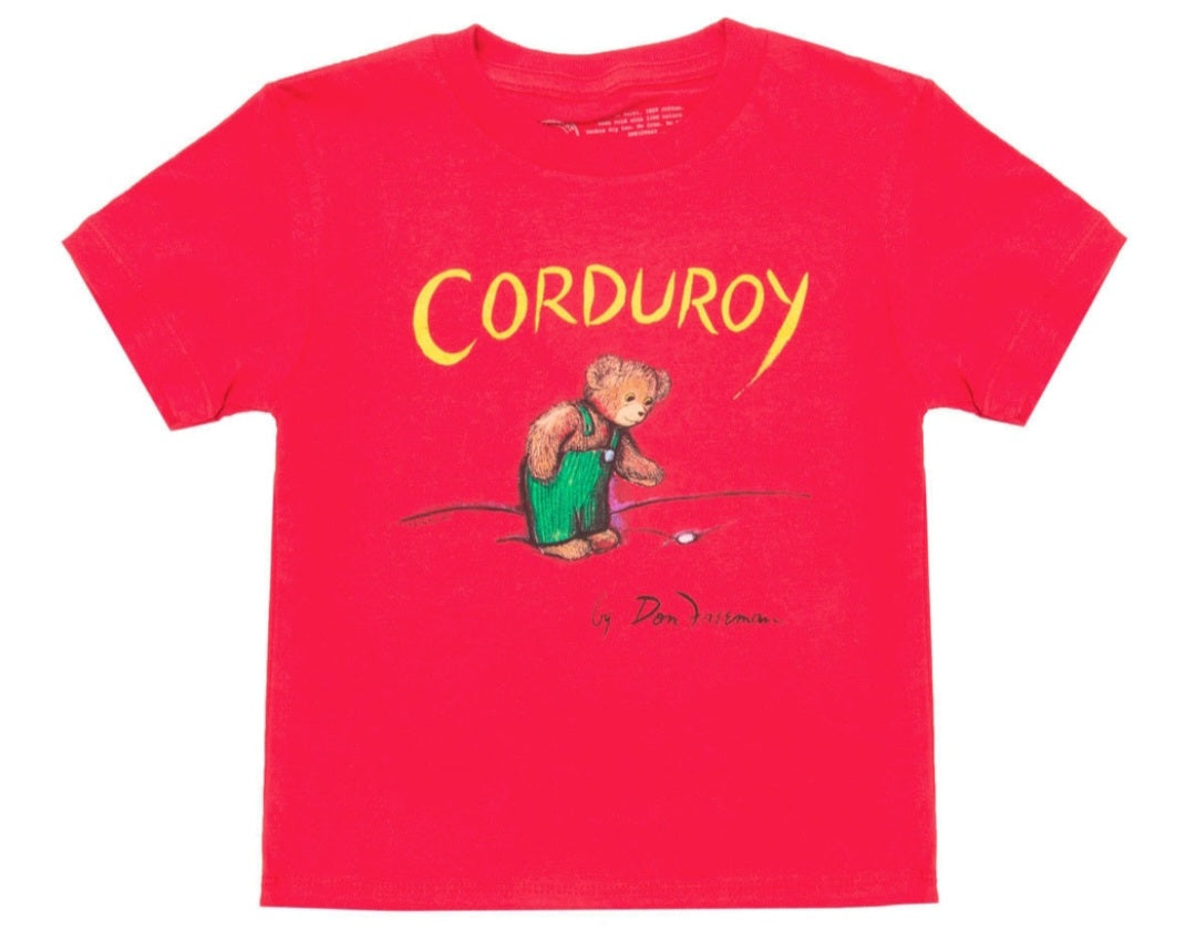 Red toddler T-shirt with CORDUROY text and bear graphic on front